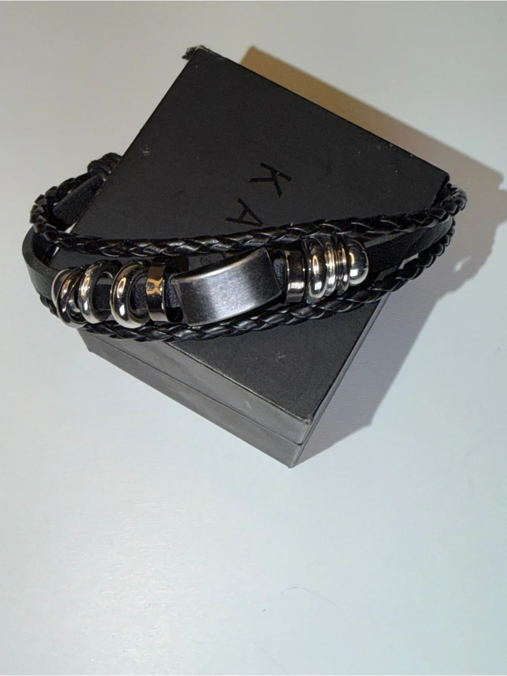 Men's Black Braided Leather Bracelet with Metallic Accents
